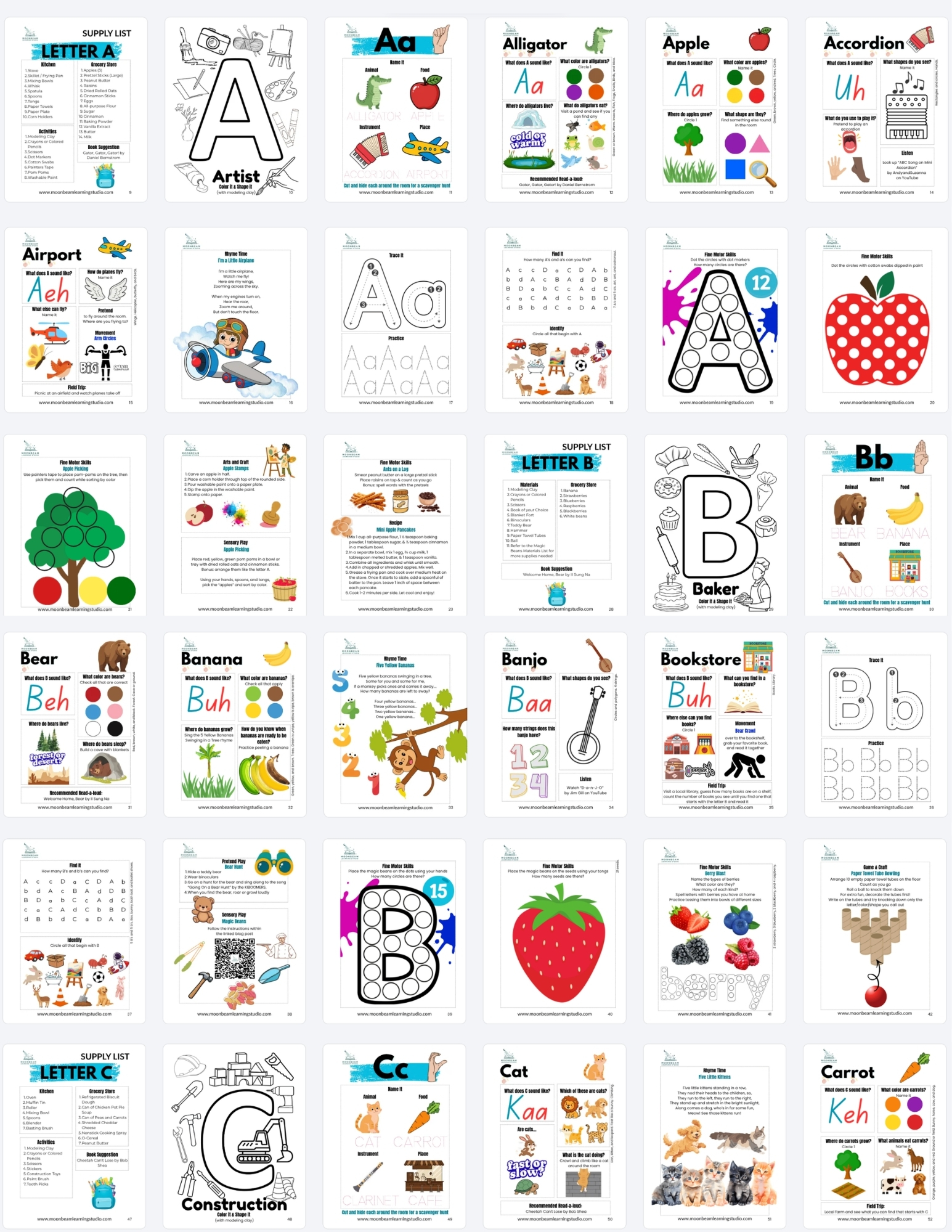 Graphic including sample worksheets from the A-D Learn & Connect Alphabet Bundle